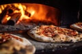 Stone baked oven. Pizza cooked in a wood fired oven. Generative AI