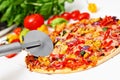 Stone baked pizza with chicken and vegetables