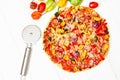 Stone baked pizza with chicken and vegetables