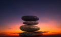 Stone Balance Sunset Background Tower Pebble on Rock Stack Perfect Pile Scene Free Space Sunrise Concept Peace Relax Nature Royalty Free Stock Photo