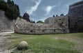 Stone ball and fortifications of the Medieval castle Royalty Free Stock Photo