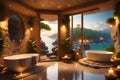 A stone bathroom balcony, where a luxurious tub takes center stage, emitting a warm glow Royalty Free Stock Photo