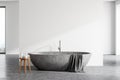 Stone bathtub in spacious white bathroom