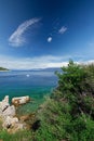 Stone beach with crystal clear tourquise sea with pine tree in Croatia, Istria, Europe Royalty Free Stock Photo