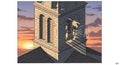 Stone bell tower illuminated by a setting sun, casting long shadows on the Royalty Free Stock Photo