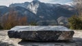 Stone bench in front of a mountain panorama