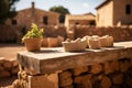 a stone bench with pots and a plant on it