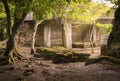 Stone benches covered with moss in the rest area of the stone quarry of Mount Nokogiri.