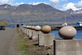 Stone bird eggs on the seafront in Djupivogur in Iceland. Summer 2017