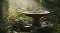 A stone birdbath sits amidst dense tropical greenery Royalty Free Stock Photo