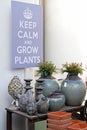 Stone birds, ceramic vases, flower pots standing on a wooden table and hanging picture `Keep calm and grow plants`