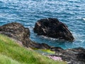 A stone, blue sea waves in spring. Seaside landscape. Coastal cliffs of the Atlantic, rock formation beside body of water