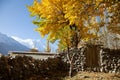 A stone boundary wall and snowcapped mountain in autumn season Royalty Free Stock Photo