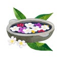 Stone bowl for ablution with flowers. Bowl for spa with frangipani or plumeria and green tropical leaves. Hand drawn watercolor Royalty Free Stock Photo