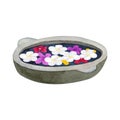 Stone bowl for ablution with flowers. Bowl for spa with frangipani or plumeria. Hand drawn watercolor illustration. Isolated on Royalty Free Stock Photo