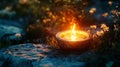 A Stone Bowl with Burning Water Amidst Lush Greenery Royalty Free Stock Photo