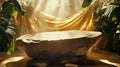 Stone Bowl with Golden Fabric Drape and Tropical Leaves Royalty Free Stock Photo
