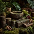Stone Bowl and Mossy Rocks in Dark Forest Setting Royalty Free Stock Photo