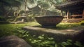 a stone bowl sitting on top of a lush green field