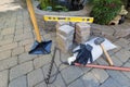 Stone Brick Pavers with Garden Tools Royalty Free Stock Photo