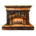 Stone bricks home family fireplace with flame, hearth with burning fire, watercolor illustration