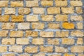 Stone bricks from limestone laid, cement, yellow brown background texture. Natural rough stone wall texture, front view, full Royalty Free Stock Photo