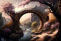 Stone bridge in fantasy landscape with blossoming trees and lake - 3d render Royalty Free Stock Photo