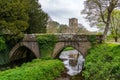 Stone bridge at Fountains Abbey ruins in Yorkshire, England