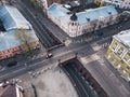Stone Bridge in historical center of Voronezh. Old buildings and road intersection in European city downtown, aerial view