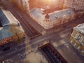 Stone Bridge in historical center of Voronezh at sunset. Old buildings and road intersection in European city downtown