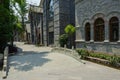 Stone bridge near old-fashioned buildings Royalty Free Stock Photo