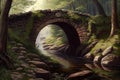 stone bridge over a babbling brook, surrounded by green foliage