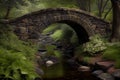 stone bridge over a babbling brook, surrounded by green foliage