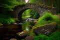 stone bridge over babbling brook, surrounded by lush green foliage