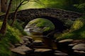 stone bridge over babbling brook, surrounded by lush green foliage