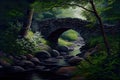 stone bridge over babbling brook, surrounded by lush green foliage