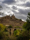 Stone bridge over the Ebro river as it passes through the town of San Vicente de la Sonsierra, Rioja, Spain Royalty Free Stock Photo