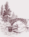 Stone bridge over river to a house cabin