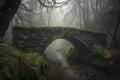 a stone bridge over a stream in a forest with moss growing on it Royalty Free Stock Photo