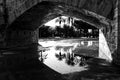 Stone bridge and reflections in a park puddle Royalty Free Stock Photo