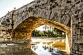 Stone bridge and reflections in a park puddle Royalty Free Stock Photo