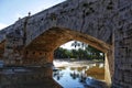 Stone bridge and reflections in a park puddle Royalty Free Stock Photo