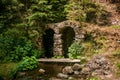 Stone bridge by the river, green firs by the bridge Royalty Free Stock Photo