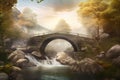 Stone bridge scene over stream waterfall. Generate ai