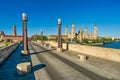 Stone bridge and views of the Cathedral of Pilar, Zaragoza. Royalty Free Stock Photo