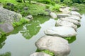 Stone bridge and water pond in Japanese zen garden Royalty Free Stock Photo