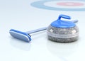 Stone and brush for curling on ice. 3d render image Royalty Free Stock Photo
