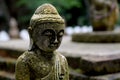 Stone Buddha statue with moss close up