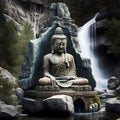 Stone Buddha Statue River Waterfall. Royalty Free Stock Photo