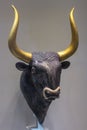 Stone bull`s head rhyton, left side of head and horns restored. It is a masterpiece of Minoan art rendering the natural features